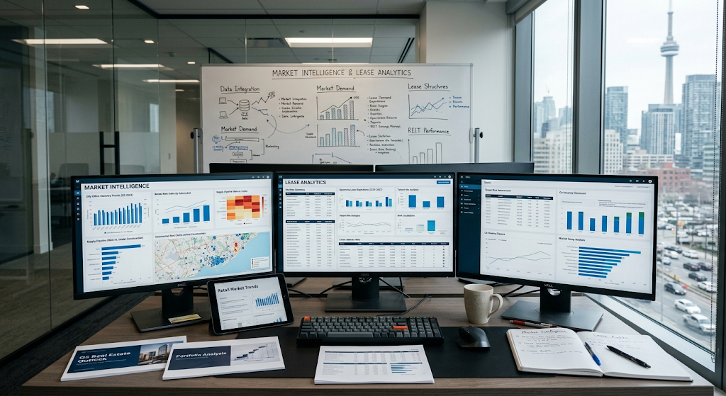 Market intelligence and lease analytics dashboards on trading desks overlooking the Toronto skyline