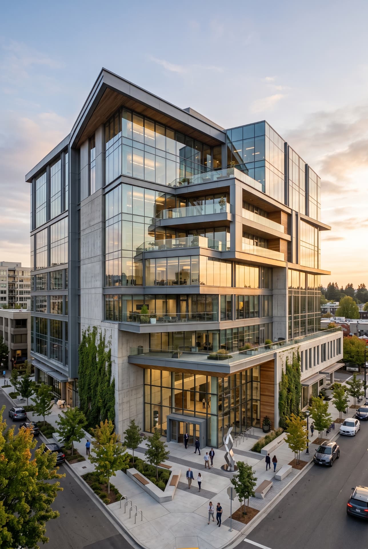 Architectural rendering of a modern mid-rise office building with glazed curtain walls and planted facades on an urban corner