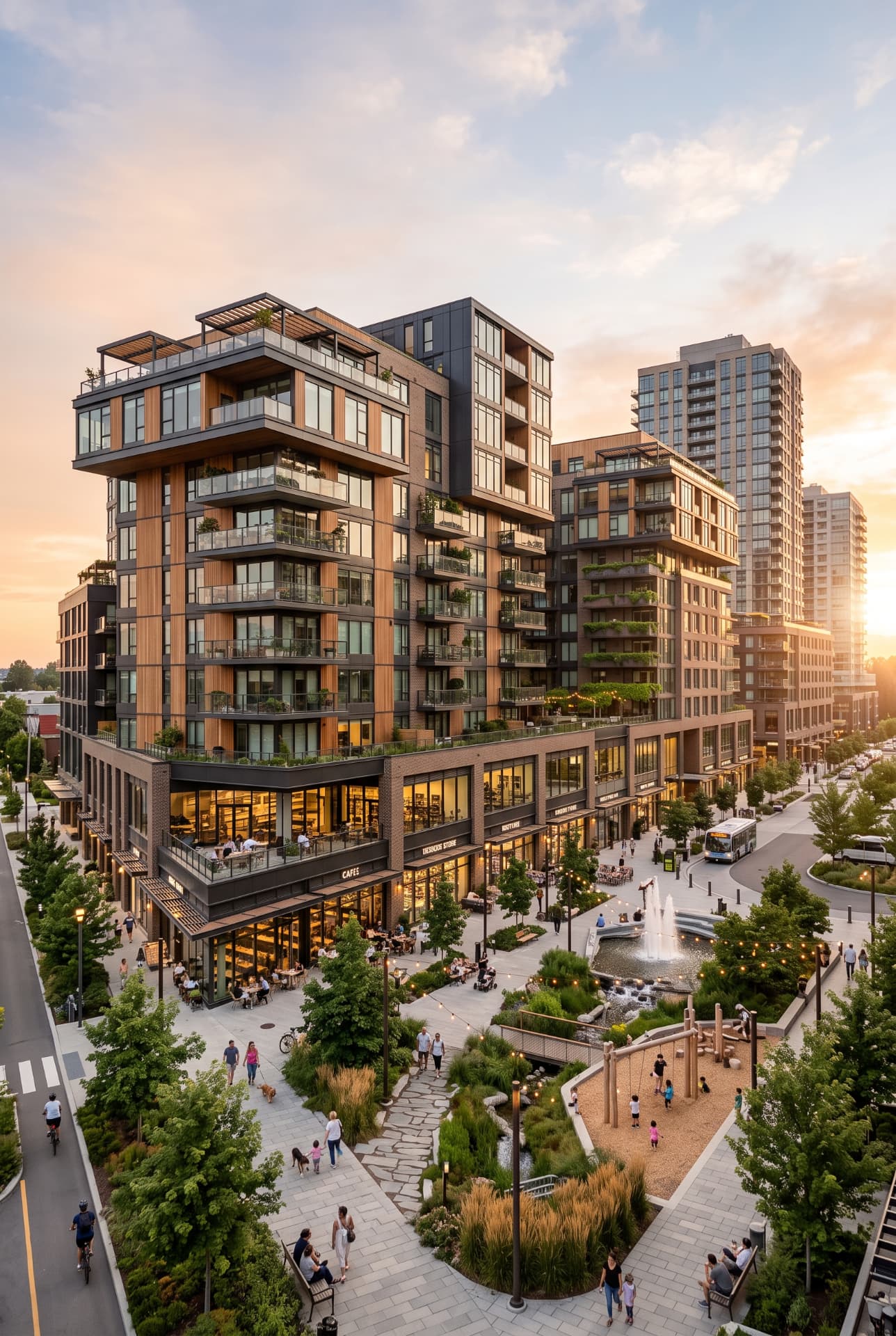 Architectural rendering of a master-planned mixed-use development at dusk, with mid-rise residential buildings over ground-floor retail, a landscaped plaza with fountain, and a children's playground