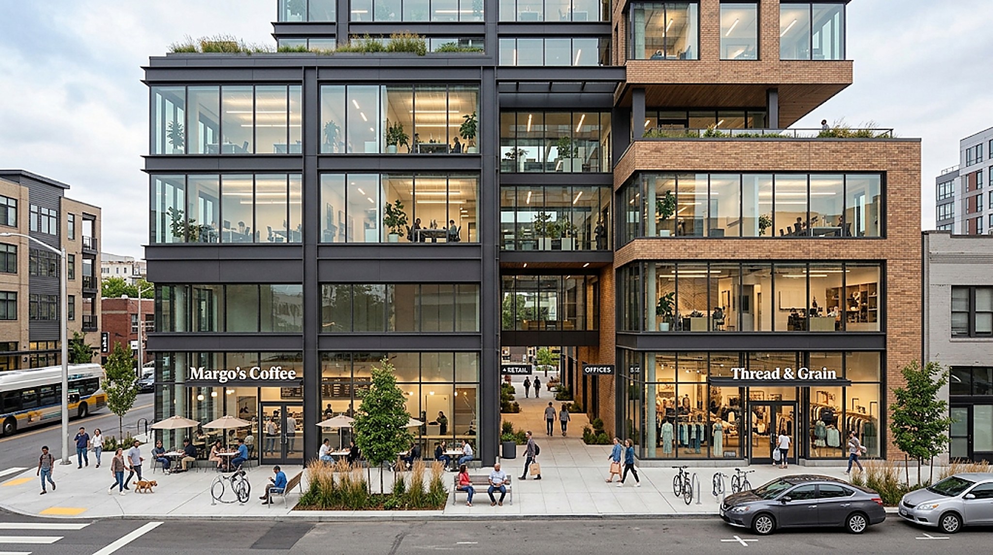 Contemporary mid-rise mixed-use building with ground-floor retail storefronts and glass-fronted offices above, on a busy urban street
