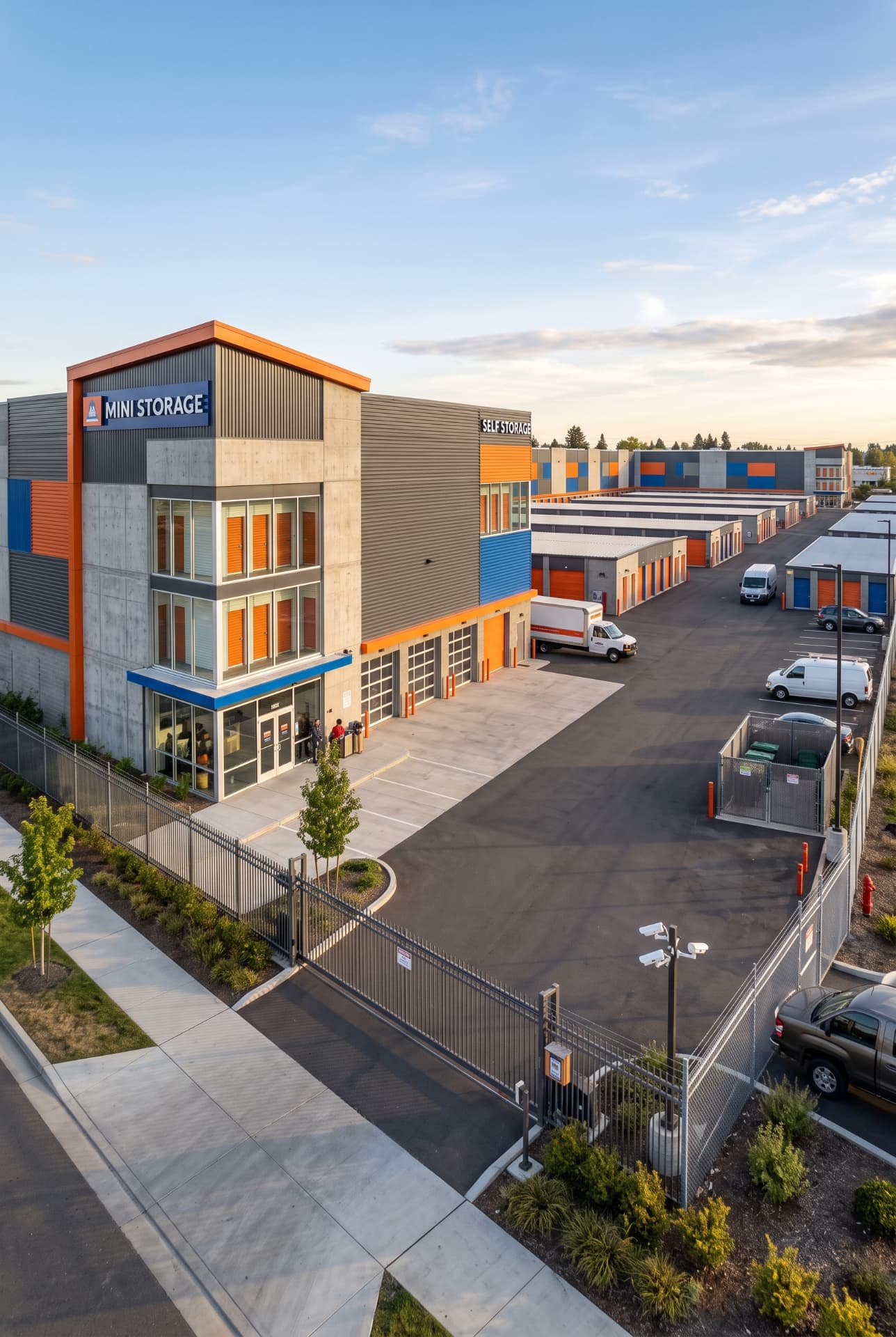 Aerial view of a modern multi-storey self-storage facility with orange and blue accents, a secured gated yard of storage units, and a paved drive aisle at golden hour