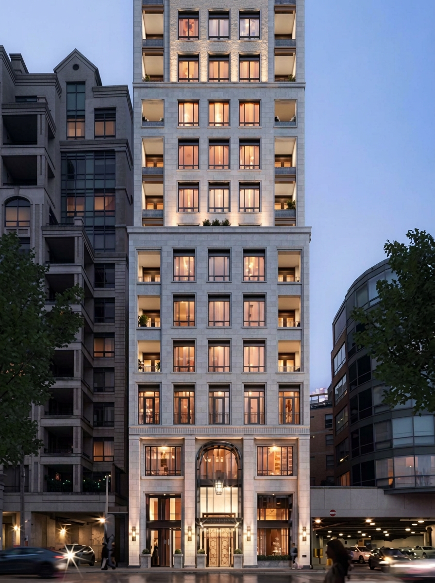 Architectural rendering of a narrow luxury mid-rise residential building with a pale limestone facade, recessed balconies, and an arched lantern-lit entryway at dusk