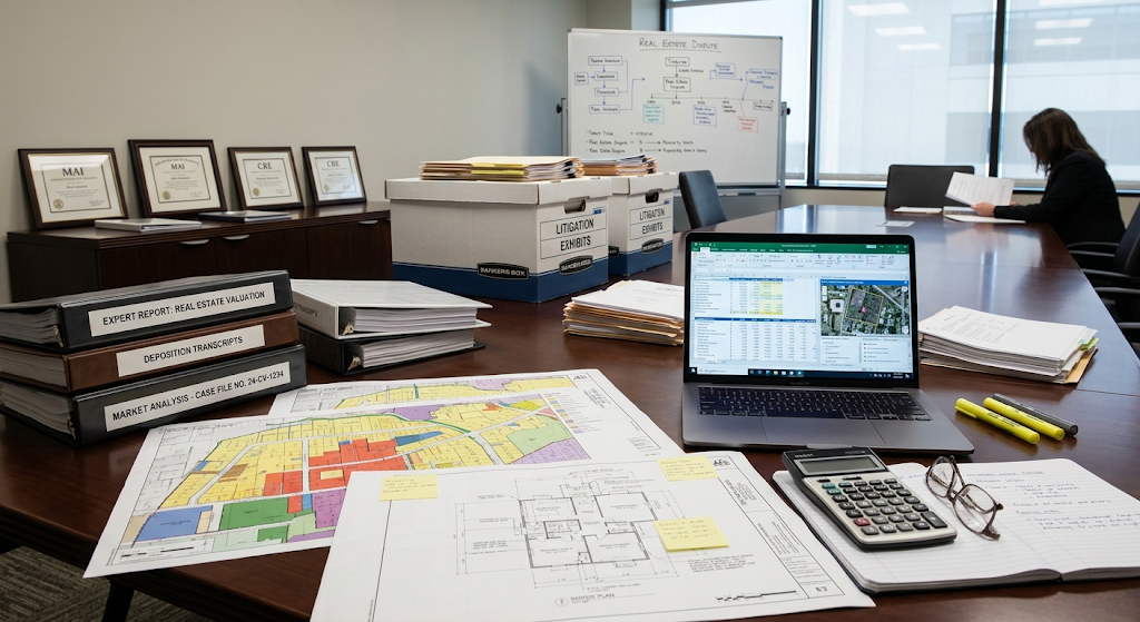 Litigation support workspace with expert report binders, deposition transcripts, and a real estate valuation model